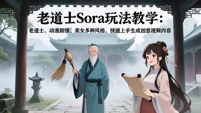 （16862期）老道士Sora玩法教学：老道士、动漫剧情、美女多种风格，快速上手生成创意视频内容