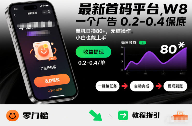 最新首码平台，一个广告 0.2-0.4 保底，单机日撸80+，可矩阵无脑操作，小白也能上手