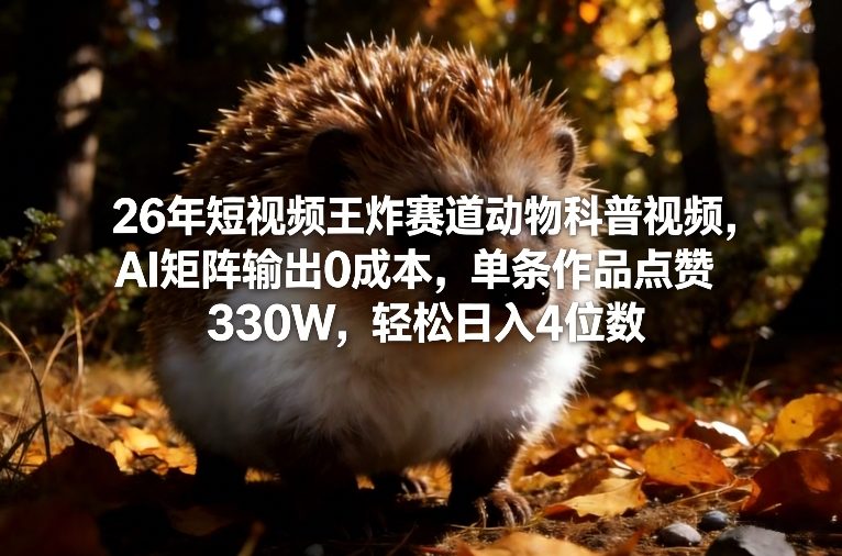 26年短视频王炸赛道动物科普视频，AI矩阵输出0成本，单条作品点赞330W，轻松日入4位数