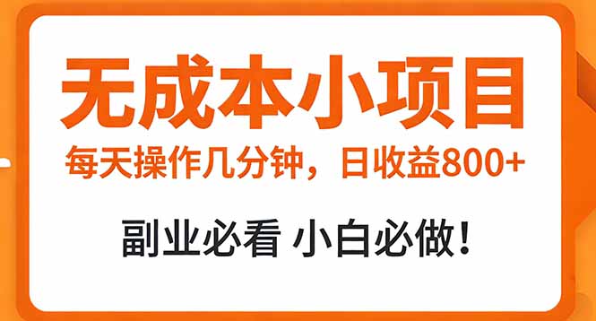 （17307期）无成本小项目 每天操作几分钟，真实日收益800+ 副业必看 小白必做！