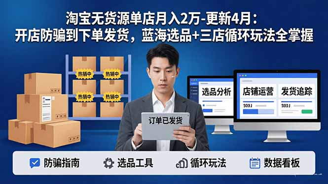 （17988期）淘宝无货源单店月入2万-更新4月：开店防骗到下单发货，蓝海选品+三店循环玩法全掌握