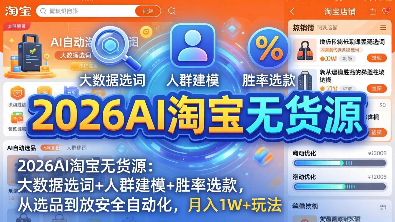 （18046期）2026AI淘宝无货源-4月更新：大数据选词+人群建模+胜率选款，从选品到放大全自动化，月入1W+玩法