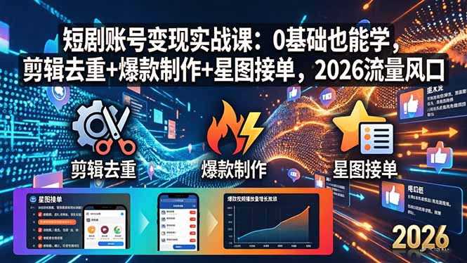 （18160期）短剧账号变现实战课：0基础也能学，剪辑去重+爆款制作+星图接单，2026流量风口