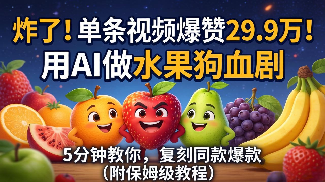 (18205期)炸了!单条视频爆赞 29.9 万!用 AI 做水果狗血剧,5 分钟教你,复刻同款爆款(附保姆级教程)