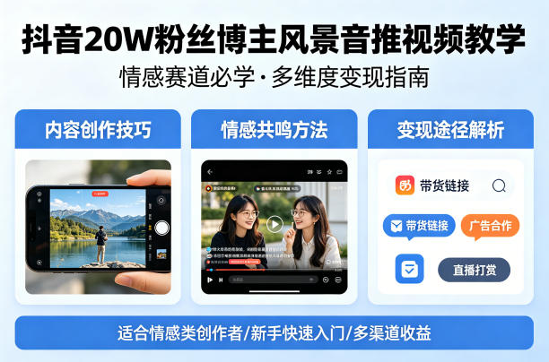 抖音20W粉丝博主风景音推视频教学，情感赛道必学，各种变现途径