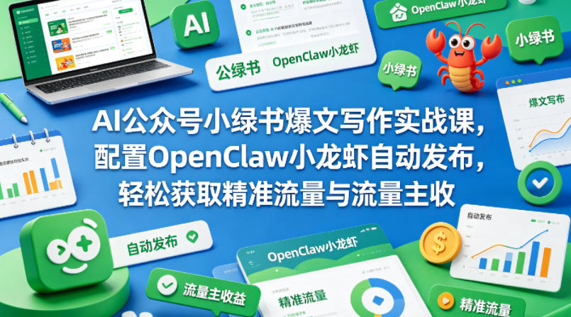 AI公众号小绿书爆文写作实战课，配置OpenClaw小龙虾自动发布，轻松获取精准流量与流量主收益