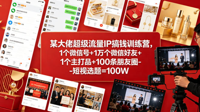 某大佬超级流量IP搞钱训练营，1个微信号+1万个微信好友+1个主打品+100条朋友圈-短视选题=100W
