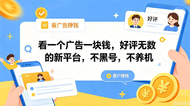 看一个广告一块钱,好评无数的新平台,不黑号,不养机,一撸几十块钱还是不错的